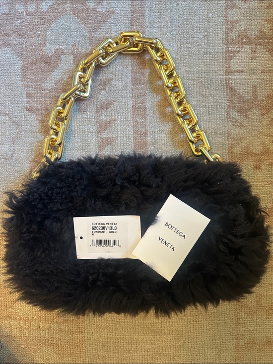Bottega Veneta Handbags - Bottega Veneta Black Shearling Bag with Gold Chain